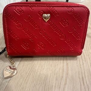 New Juicy Couture Red With Gold Small Embossed Logo Zip Wallet
